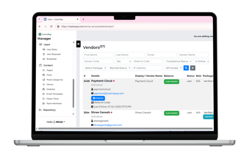 Admin dashboard for managing casino vendors and partners